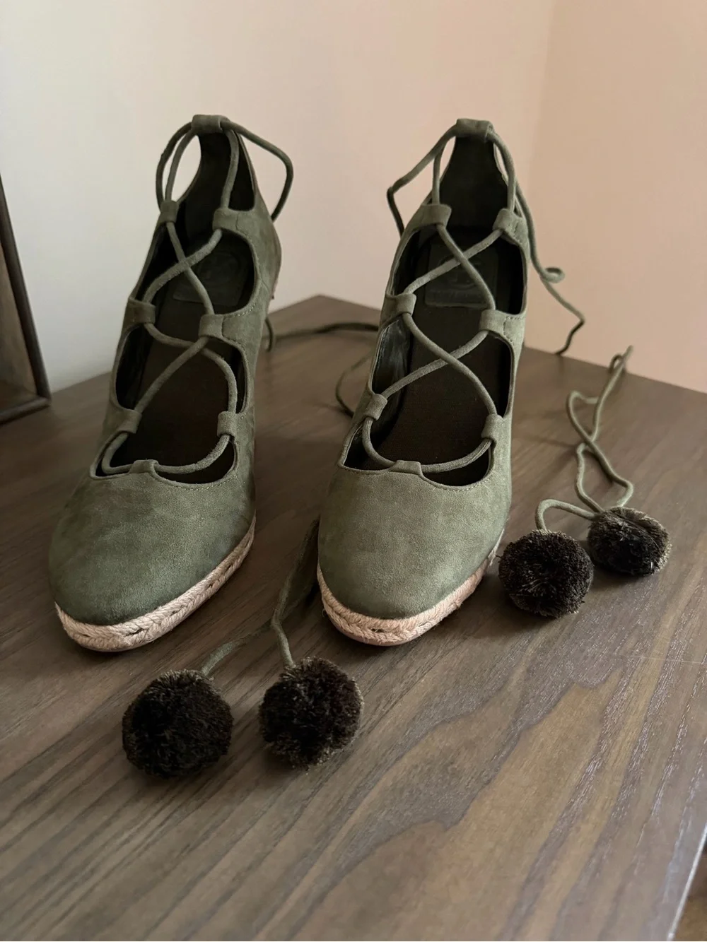 Tory Burch Olive Green Lace-Up Espadrille Wedge